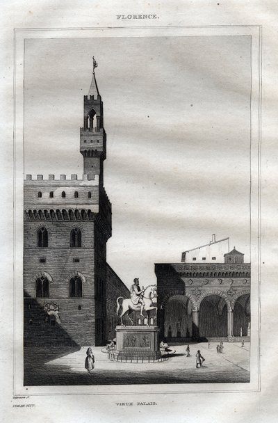 佛罗伦萨的Palazzo vecchio - Piazza della Signoria - 雕刻自M. de Norvins, Ch. Nodier 1834-1836的 "Picturesque Italy" - 意大利的历史和描述性绘画。 作者 法语学校