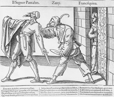 Pantalone、Zanni和Franceschina，亨利三世统治时期在法国上演的意大利《喜剧艺术》中的场景，印刷品。 作者 法语学校