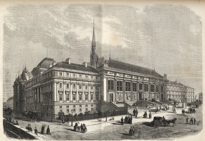 巴黎--法院的新门面，由约瑟夫-路易-杜克（1802-1879）建造--（西门面，在哈雷街）1869年的雕刻品。 作者 法语学校