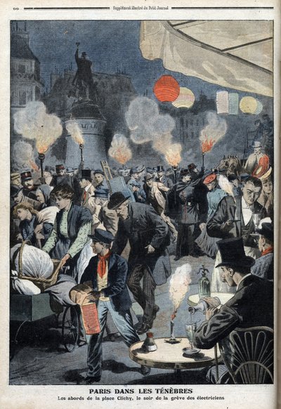 黑暗中的巴黎--克利希地方的环境，电工罢工的夜晚--《小报》，1907年3月（版画 作者 法语学校