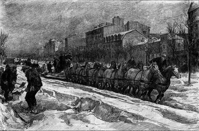 雪下的巴黎，1879-1880 年冬天：蒙帕纳斯大道的冰犁（扫雪）。 1 月 3 日在“Le Monde Illustré”n°1188 上雕刻 作者 法语学校