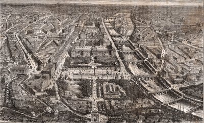 从艾托尔凯旋门看到的巴黎--里沃利街和塞纳河--V.A. Malt-Brown的 "La France illustree: geography, history, statistical administration "中的雕刻，1884。 作者 法语学校