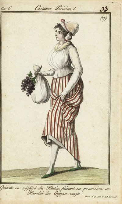 穿着休闲晨衣的巴黎女店员，1798年3月26日（手绘铜版画）。 作者 法语学校