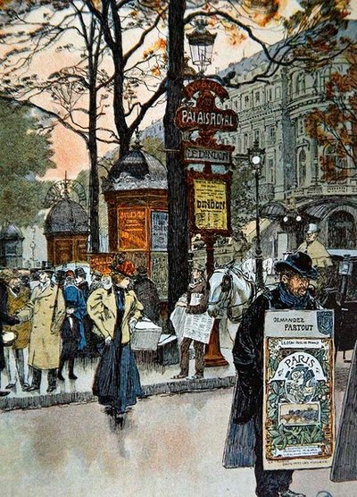 巴黎的街景，靠近Palais-Royal地铁站，约1900年（彩色平印）。 作者 法语学校