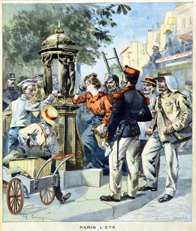 巴黎人在华莱士喷泉旁喝酒 - 1900 年 8 月 19 日的“Le Petit Journal”（版画） 作者 法语学校
