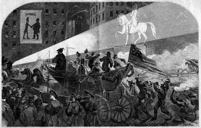 Party in the streets of New York (New York) to celebrate the installation of the transatlantic telegraphic cable between the United States (United States) and England in 1858. Engraving in “” Le Monde Illustré”” n°79 of 16 October 1858. 作者 法语学校