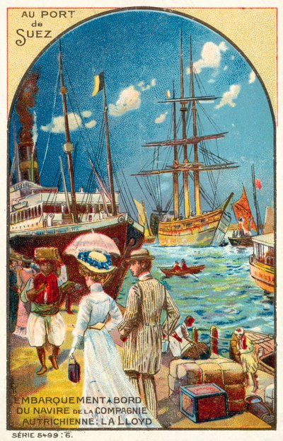 Passengers boarding a ship of the Austrian Lloyd line at the port of Suez, Egypt (chromolitho) 作者 法语学校