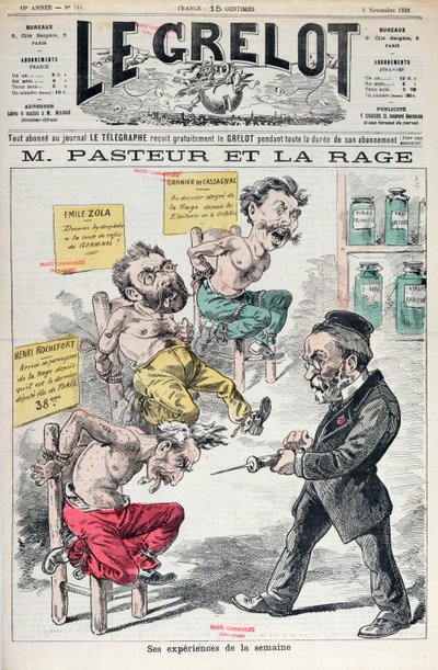 巴斯德和狂犬病，1885年11月8日来自Le Grelot的Louis Pasteur（1822-95）实验的漫画 作者 法语学校