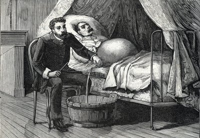 晚期肝硬化患者，医生进行穿刺（雕刻）1888 作者 法语学校