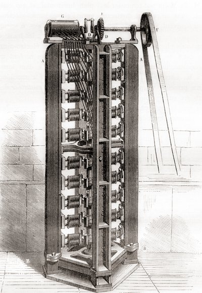 Paul-Gustave Froment 的立式电动机，约 1844 年，来自 Les Merveilles de la Science，约于 1870 年出版（雕刻） 作者 法语学校