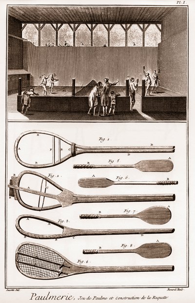 Paulmerie - Jeu de paume et construction de la racket - Jeu de Paume court and various stages in the construction of racquets (paddle-bats or battoirs) - "La Grande Encyclopedie, ou Dictionnaire Raisonne des Sciences, des Arts et des Metiers" (Encycloped) 作者 法语学校