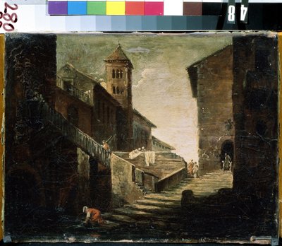 "工人区的桥与河。法国画派绘画。18 世纪早期 Mikhail Kroshitsky 艺术博物馆，塞瓦斯托波尔（塞巴斯托波尔），乌克兰 作者 法语学校