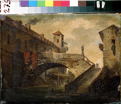 "工人区的桥与河。法国画派绘画。18 世纪早期 Mikhail Kroshitsky 艺术博物馆，塞瓦斯托波尔（塞巴斯托波尔），乌克兰 作者 法语学校