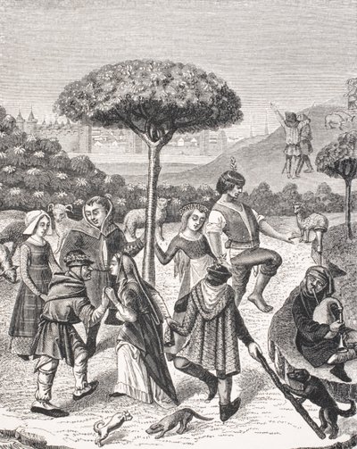 五月节的农民舞蹈，经过15世纪祈祷书的缩影，来自Paul Lacroix的“Le Moyen Age et La Renaissance”（1806-84）出版1847年 作者 法语学校