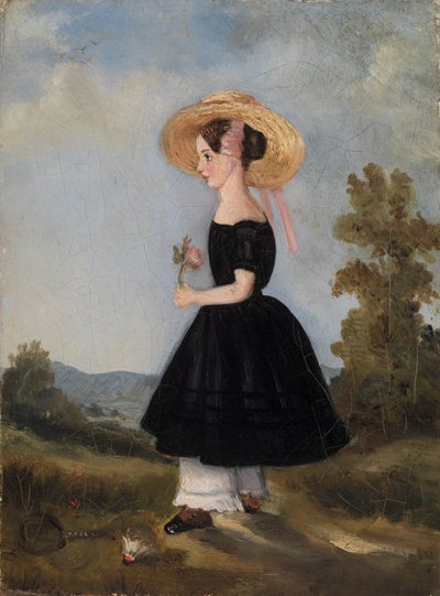 有帽子的农民女孩在风景，1840年 作者 法语学校