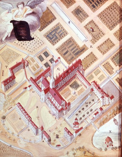 当乌鸦飞翔时，皇家港香榭丽舍港 (Port-Royal-des-Champs) 修道院的透视图。 18 世纪水粉画。 凡尔赛博物馆 作者 法语学校
