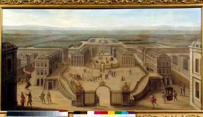 凡尔赛城堡的透视图，从法国画派法国画派路易十四王朝末期的武器广场拍摄。 18 世纪的太阳。 0,59x1,15 m - 从武器广场的凡尔赛宫的透视图 作者 法语学校