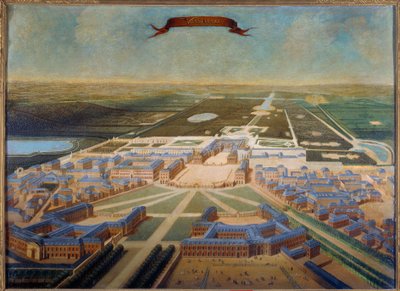 1710-1715 年左右，路易十四王朝末期城堡马厩和凡尔赛花园的透视图。 法国学校的绘画 作者 法语学校