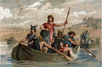 Pharamond crossed the Rhine with Francs warriors, and became the first Duke of the Salian Francs from 420 to 428. Chromolithography around 1890. 作者 法语学校