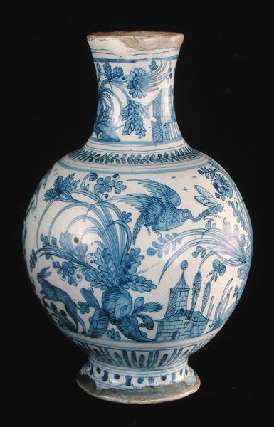 蓝色和白色图案的药房瓶，Savonne车间（彩陶） 作者 法语学校