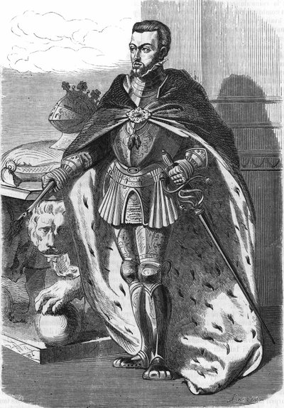 腓力二世（1527-1598），西班牙国王。载于《法国人民史》，约1885年。雕刻。 作者 法语学校