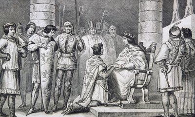 Philippe VI（1293-1350）de Valois致敬英格兰爱德华三世（1312-77），但仅作为阿基坦公爵，来自Colart的&39;Histoire de France&39;，出版于1840年 作者 法语学校
