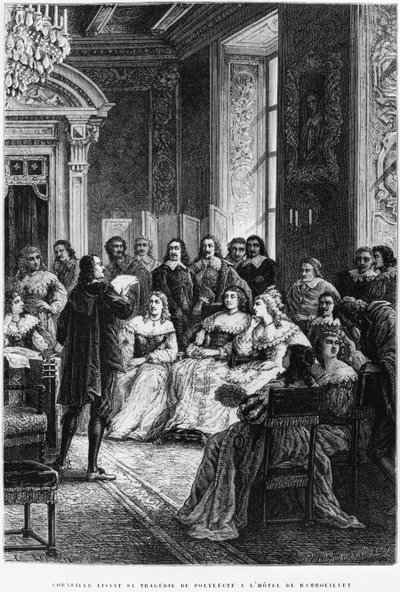 Pierre Corneille（1606-84）在Hotel de Rambouillet阅读Polyeucte，1880年 作者 法语学校