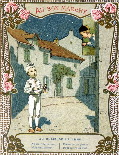 拿着蜡烛的皮埃罗，“Au clair de la lune”——“Le Bon Marché”的标签” 作者 法语学校