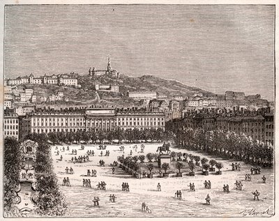 贝勒库尔广场或路易-勒-格兰广场--里昂最大的地方--V.-A.的《法国图解：地理、历史、统计管理》中的雕版画。Malt-Brown.1884 作者 法语学校