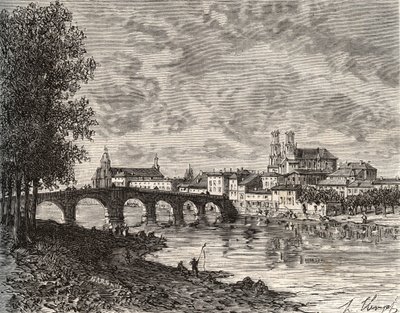 穆松桥（Pont a Mousson）--默尔特-摩泽尔省--V.-A. Malt-Brown的《法国图解：地理、历史、行政统计》中的版画。 作者 法语学校