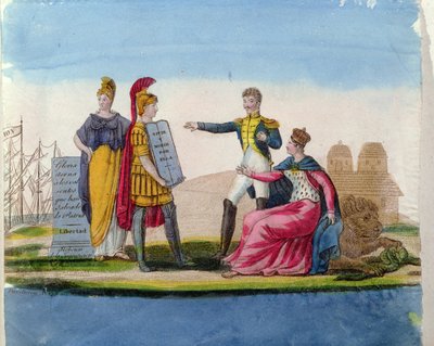 热门意象赞美玻利瓦尔，1820-30（彩色雕刻） 作者 法语学校