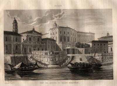 Porto di Ripetta and Palazzo Borghese - 罗马 - 雕刻自M. de Norvins, Ch. Nodier的 "Picturesque Italy" - 意大利的历史和描述性绘画，1834-1836。 作者 法语学校
