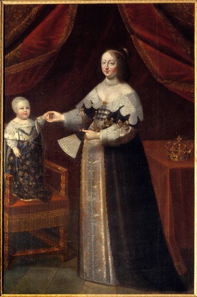 奥地利安妮 (1601-1666) 脚下的肖像，法国王后与路易十四的孩子 17 世纪法国画派的绘画。 香波堡，城堡博物馆 作者 法语学校
