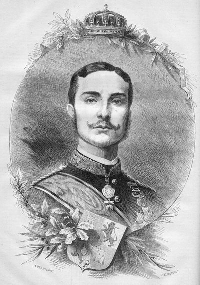 西班牙国王阿方索十二世（Alfonso）（1857-1885）的画像。1878年1月19日《世界画报》第1085期上的版画。 作者 法语学校