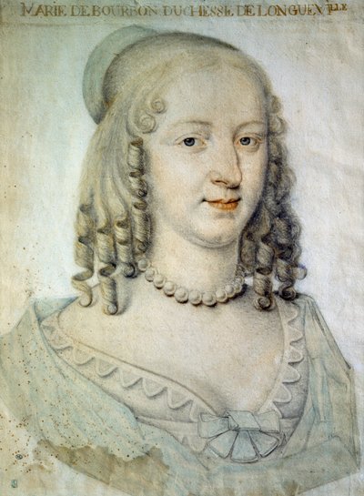 安妮·吉纳维芙·德·波旁·孔德 (Anne-Genevieve de Bourbon-Conde) 的肖像，朗格维尔公爵夫人 (1619-1679)，大孔德匿名绘画的姐妹 - 17 世纪尚蒂伊，孔德博物馆 作者 法语学校