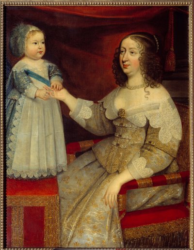 奥地利安妮的肖像，法国女王（1601-1666）和海豚路易十四的孩子（1638-1715）法国画派的绘画。 1643 年之前。 太阳 1,2x0,96 m 作者 法语学校