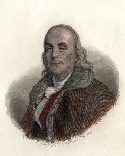 本杰明·富兰克林 (1706-1790) 的肖像，美国物理学家、哲学家和政治家。 在“有用的人像”中 作者 法语学校