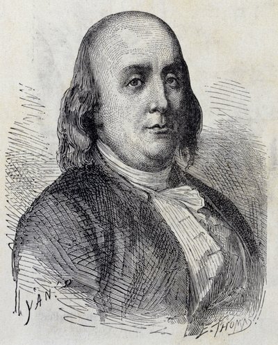 本杰明-富兰克林（1706 - 1790）的肖像，美国政治家、纪念家、小册子作者和物理学家 - 载于《科学专辑；杰出学者；伟大发现》1896年。 作者 法语学校