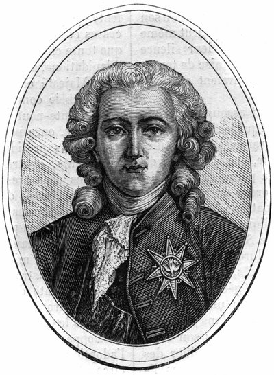 查尔斯-亚历山大-德-卡隆的肖像，路易十六时期的法国政治家（1734-1802），财务主管。莫里斯-拉夏尔（Maurice Lachatre）著的《历代教皇-资产-皇后和皇帝的历史》中的雕版画 作者 法语学校