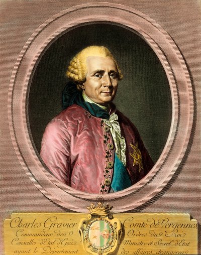 维尔热纳伯爵查尔斯-格拉维耶（1719 - 1787）的肖像。18世纪的雕版画。私人收藏。 作者 法语学校