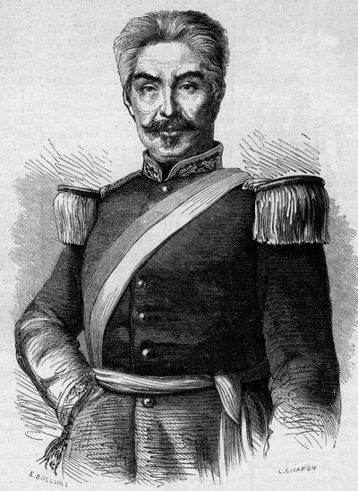 秘鲁总统唐-米格尔-圣罗曼（1803-1863）的画像。1863年5月30日《世界画报》第320期上的版画。 作者 法语学校