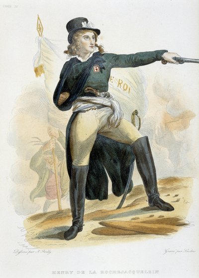 拉罗什哈克林伯爵亨利-杜-维尔吉耶（或 Orchard de La Rochejacquelein）（1772-1794 年）的肖像，胸前佩戴 "国王万岁 "旗帜（Vendeens 的徽章）--载于 Mennechet 著《Le Plutarque Français》，1841 年第 8 卷。 作者 法语学校