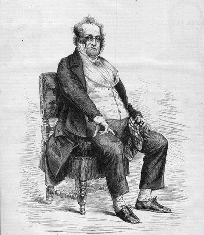 亨利-莫尼耶（1799-1877）的画像，法国剧作家、漫画家和喜剧演员。他装扮成 "普鲁多姆先生"，这是莫尼耶发明的一个人物，是19世纪法国资产阶级的卡通形象。刊登在《世界画报》第1031期上的版画。 作者 法语学校