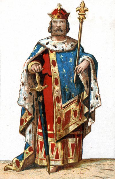 Hugues I Capet (v. 941 - 996)的肖像，法国公爵，然后是法国国王。19世纪末的彩色石版画。 作者 法语学校