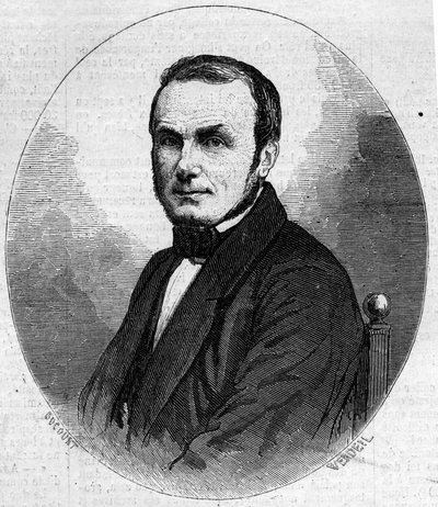 Isidore Geoffroy Saint Hilaire 的肖像 Saint Hilaire (1805-1861)，法国动物学家，Etienne Geoffroy Saint-Hilaire 的儿子。 11 月 23 日第 241 号“Le Monde Illustré”中的雕刻 作者 法语学校