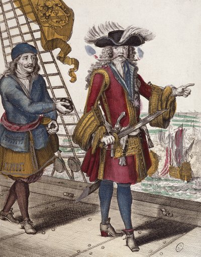 Jean Bart（1650-1702）的肖像在海军遭遇（彩色雕刻）期间在他的嘴里拿着燃烧的保险丝 作者 法语学校
