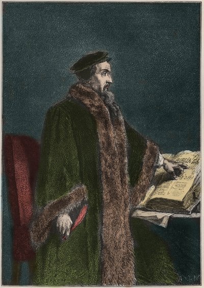让-加尔文(Jean Cauvin)(1509-1564)的肖像，法国宗教改革家和作家--约翰-加尔文--雕刻自 "L