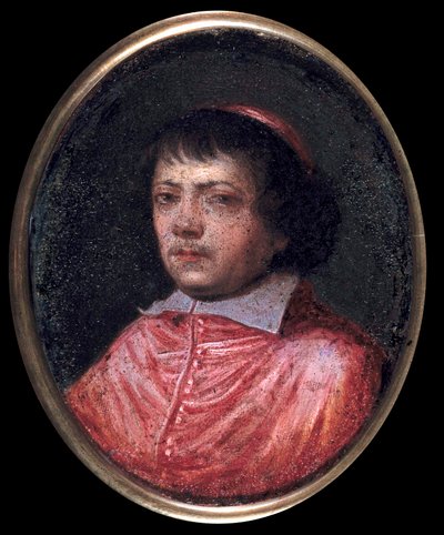 让·弗朗索瓦·保罗·德·贡迪 (Jean-Francois-Paul de Gondy) (1614-1679) 红衣主教德雷茨，巴黎 Archeveque 的助理，1651 年红衣主教的肖像 17 世纪的微型画。 尚蒂伊，孔德博物馆 作者 法语学校