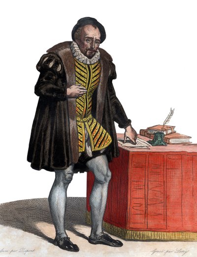 法国作家Michel Eyquem de Montaigne阁下（1533-1592）的肖像。 作者 法语学校