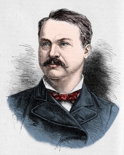 路易斯-霍诺尔（Louis Honore）-弗雷谢特（1839-1908）的画像，加拿大诗人和剧作家。查尔斯-乔治在1882年9月9日 "世界画报 "第1328期上的雕刻。 作者 法语学校